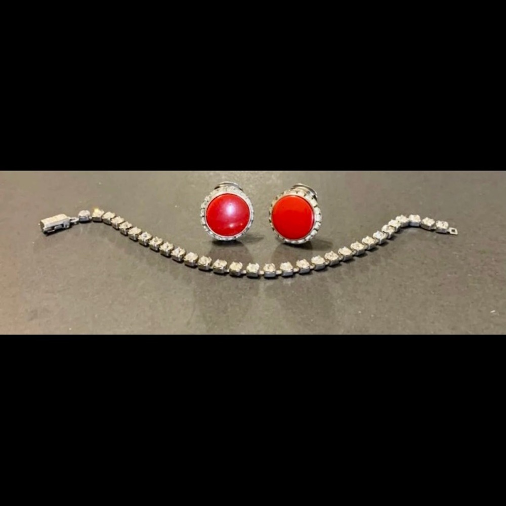 Vintage Red & Rhinestone Earrings and Bracelet